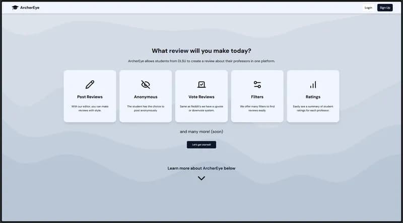 ArcherEye landing page showing the review search interface